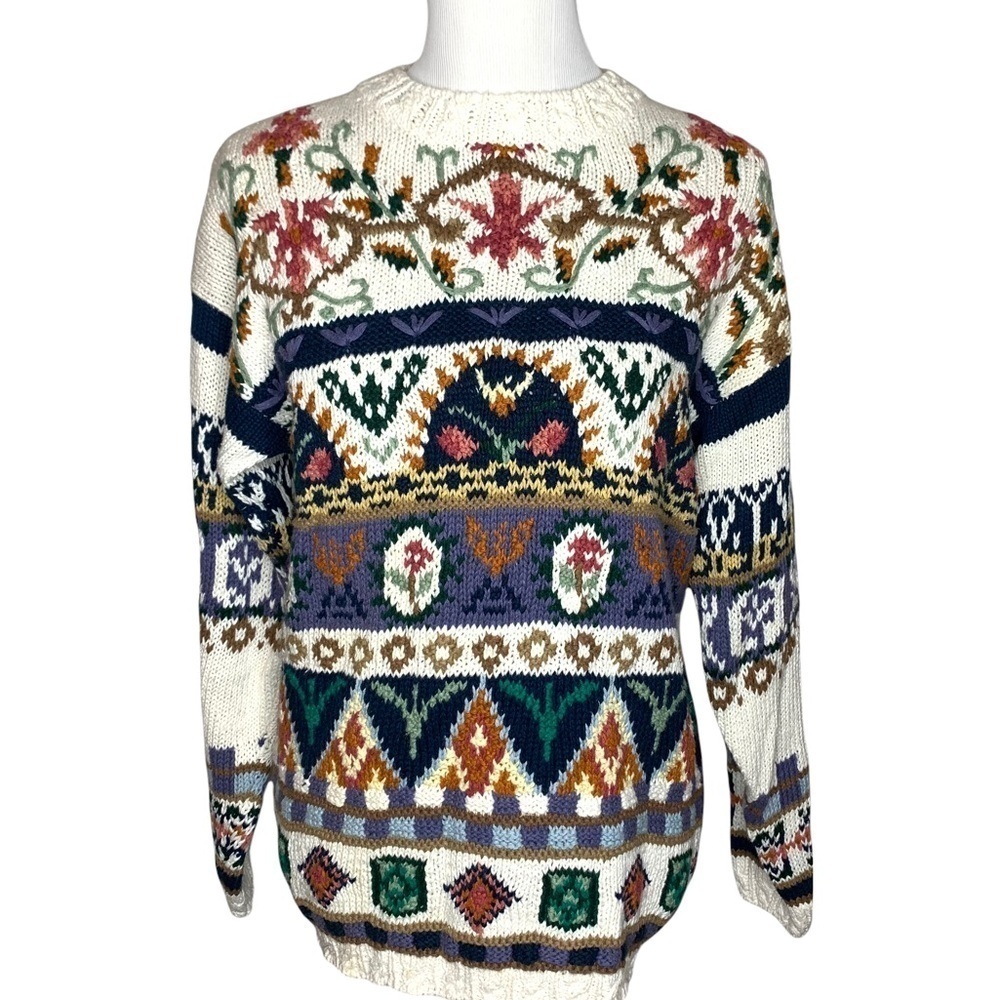 VTG Crystal Kobe Floral Amish Patchwork Chunky Knit Christmas Sweater Size S NWT
